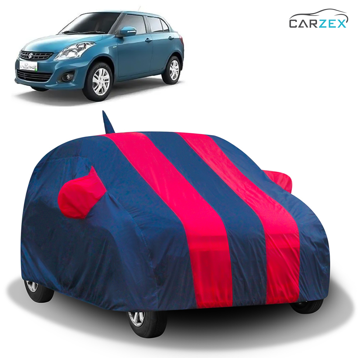 Carzex Stylish Red & Blue Stripes Car Body Cover with Mirror & Antenna Pockets for Maruti Suzuki Dzire Old
